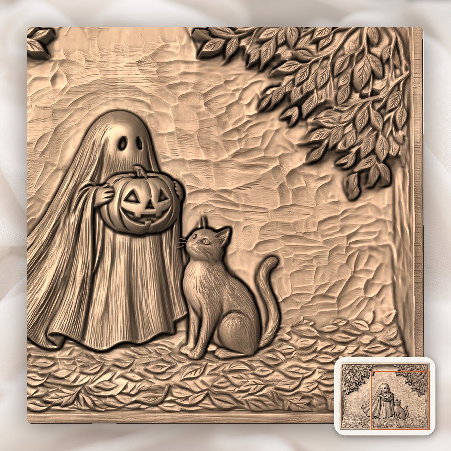 Whimsical Ghost with Pumpkin and Cat CNC Relief STL bas-relief STL — view 10