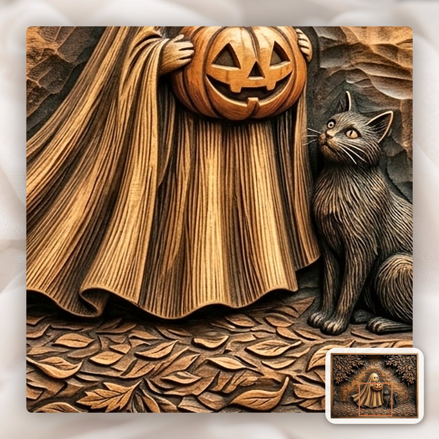 Whimsical Ghost with Pumpkin and Cat CNC Relief STL bas-relief STL — view 11