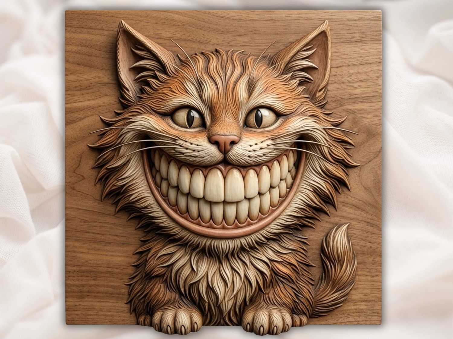 Whimsical Grinning Cheshire Cat Wood Carving CNC Relief STL bas-relief STL — view 2