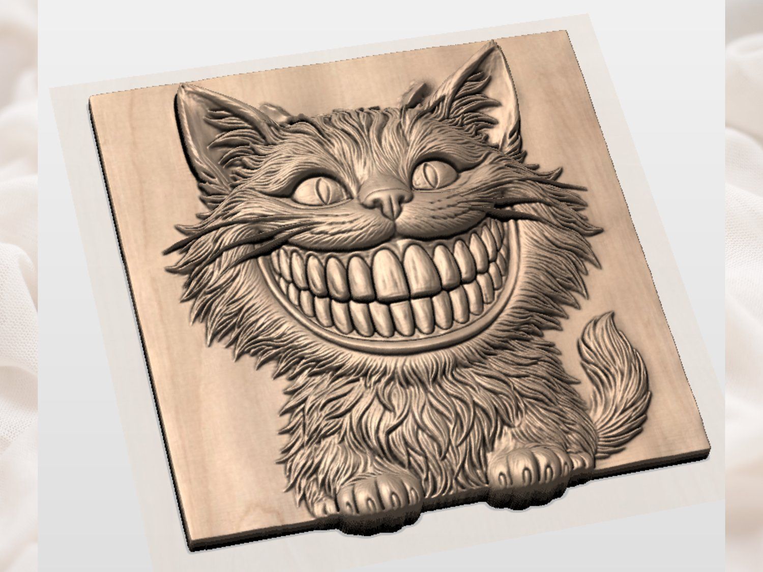 Whimsical Grinning Cheshire Cat Wood Carving CNC Relief STL bas-relief STL — view 3