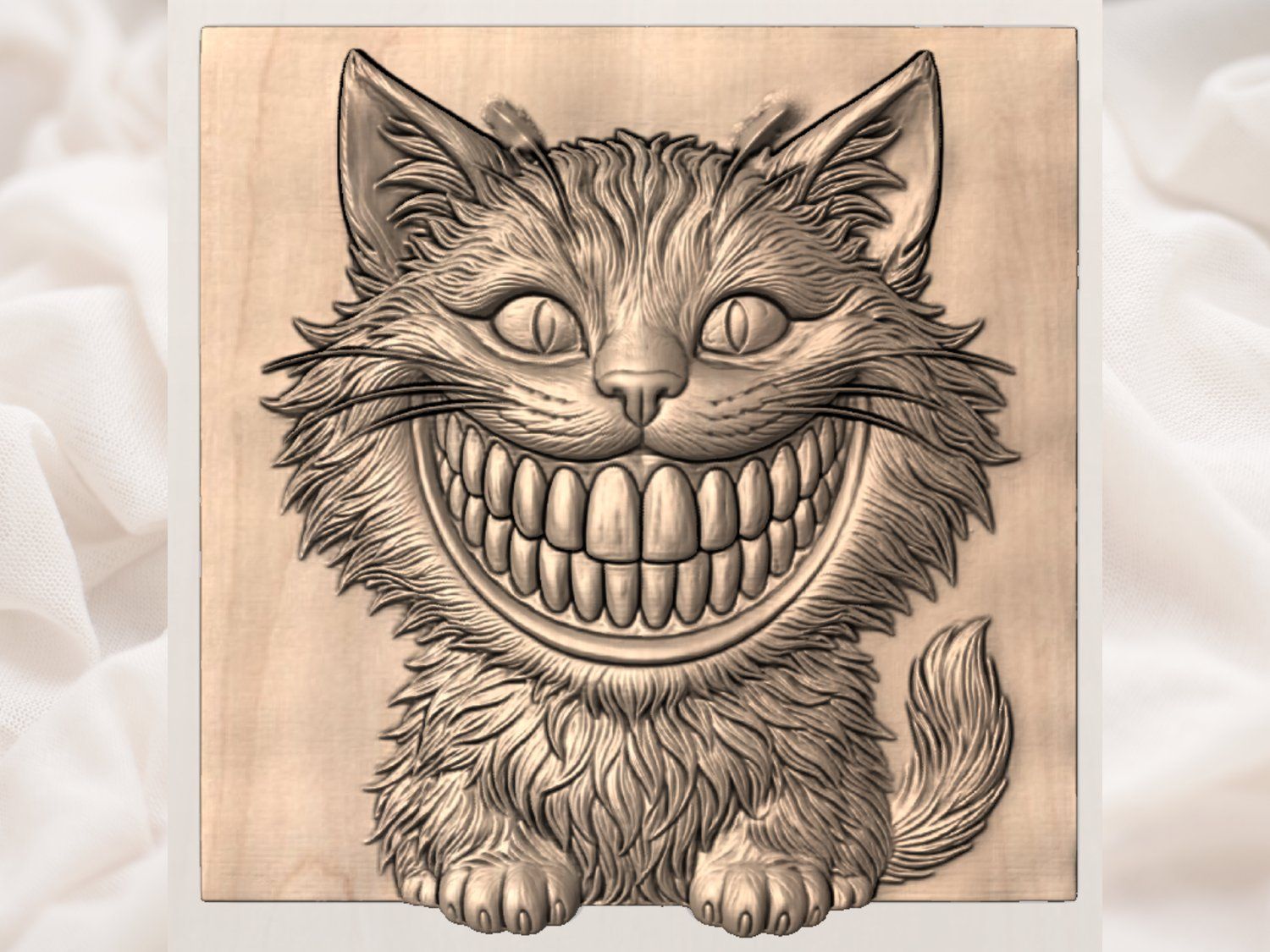 Whimsical Grinning Cheshire Cat Wood Carving CNC Relief STL bas-relief STL — view 4