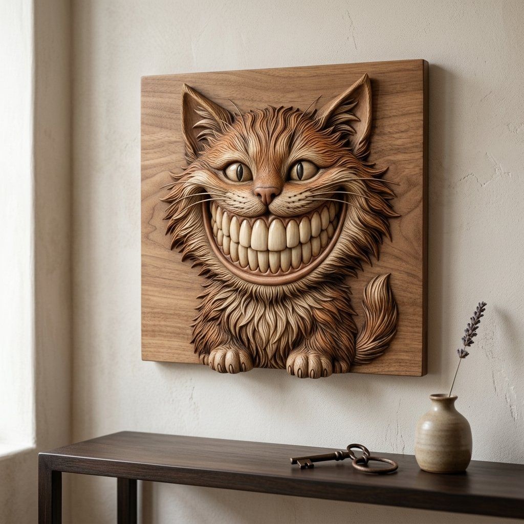 Whimsical Grinning Cheshire Cat Wood Carving CNC Relief STL bas-relief STL — view 6