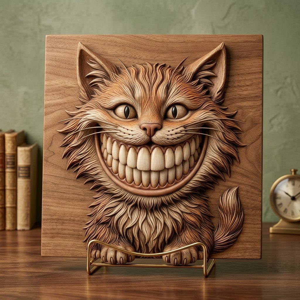 Whimsical Grinning Cheshire Cat Wood Carving CNC Relief STL bas-relief STL — view 7