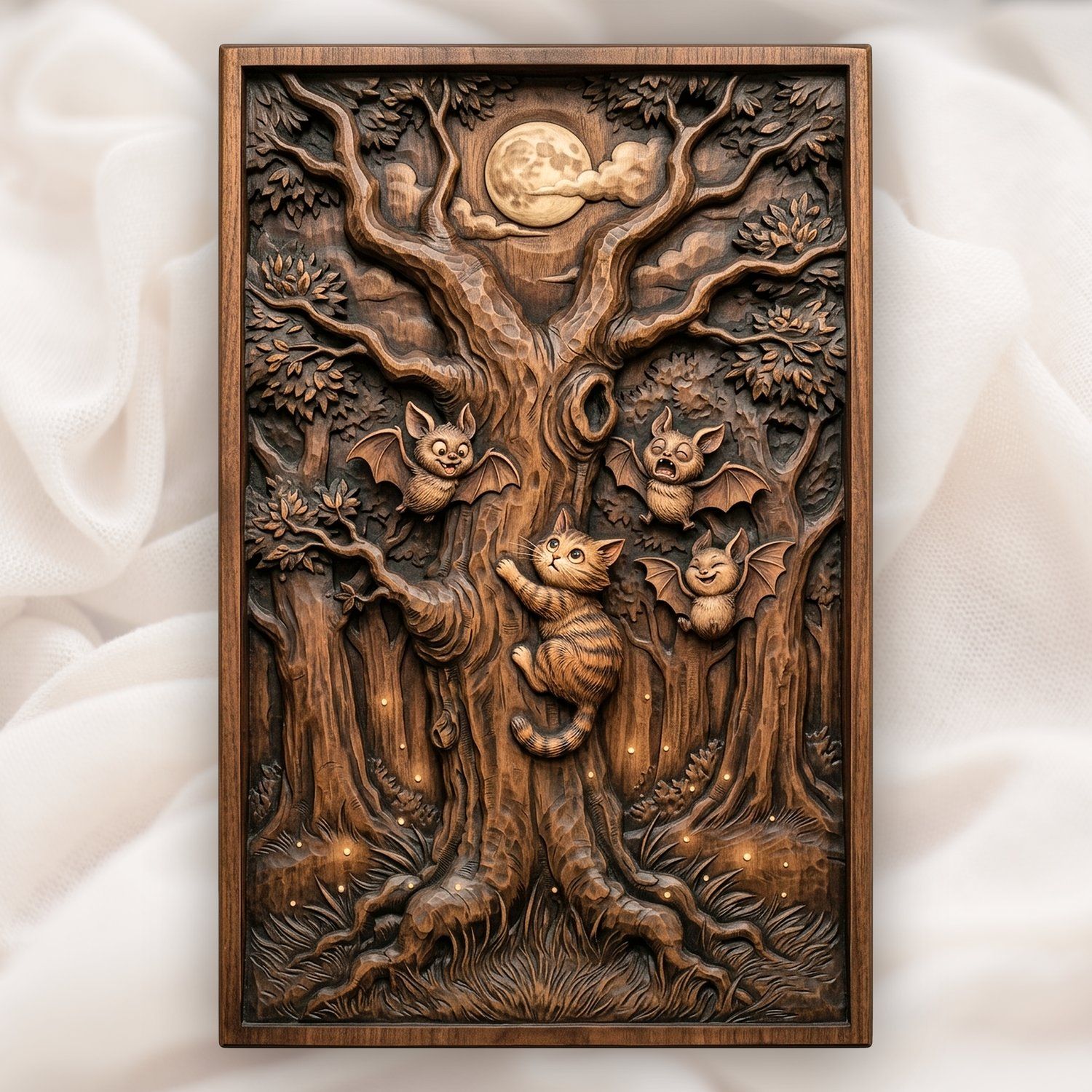 Whimsical Kitten and Bats Forest Moon CNC Relief STL bas-relief STL design
