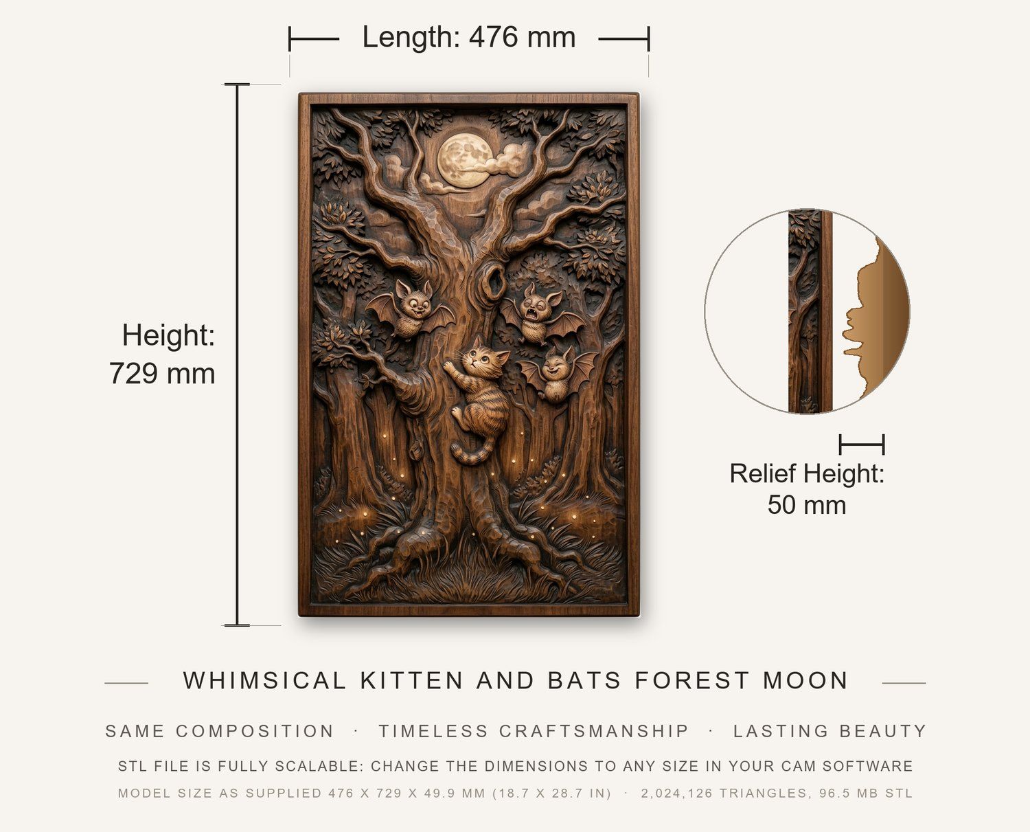 Whimsical Kitten and Bats Forest Moon CNC Relief STL bas-relief STL — view 3