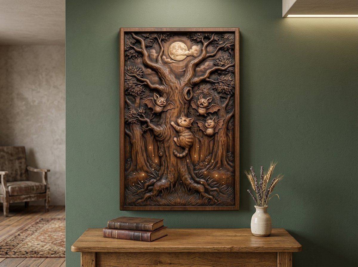 Whimsical Kitten and Bats Forest Moon CNC Relief STL bas-relief STL — view 14
