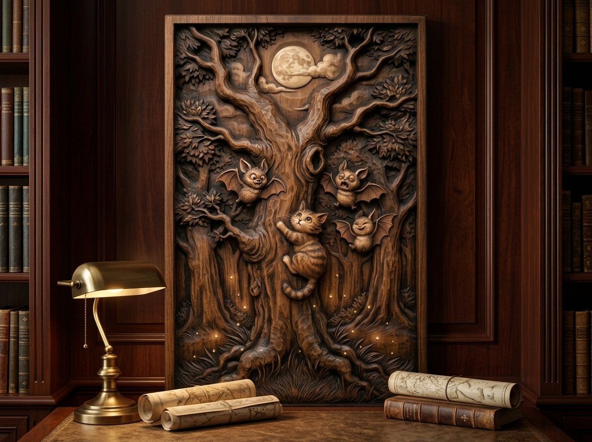 Whimsical Kitten and Bats Forest Moon CNC Relief STL bas-relief STL — view 15