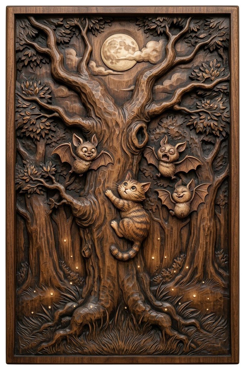 Whimsical Kitten and Bats Forest Moon CNC Relief STL bas-relief STL — view 4