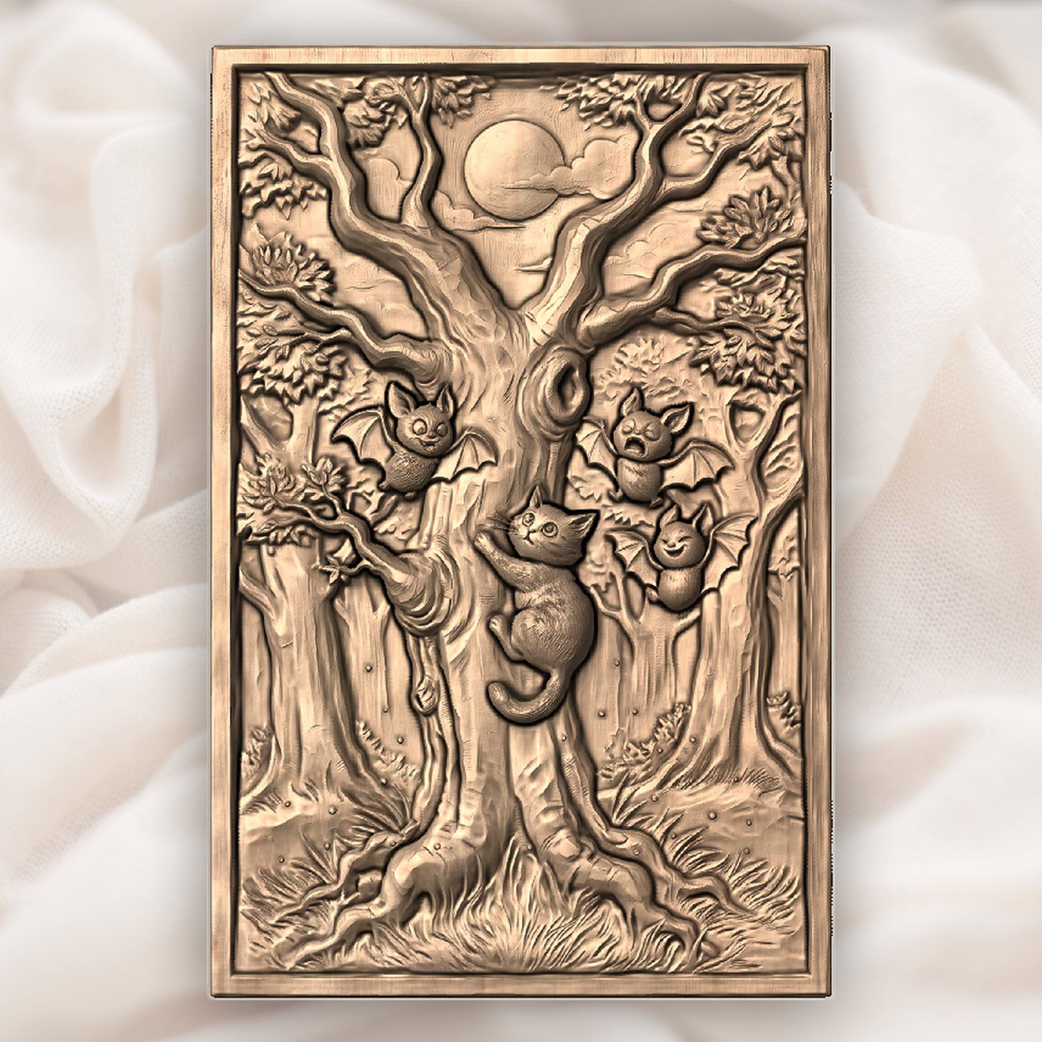 Whimsical Kitten and Bats Forest Moon CNC Relief STL bas-relief STL — view 5