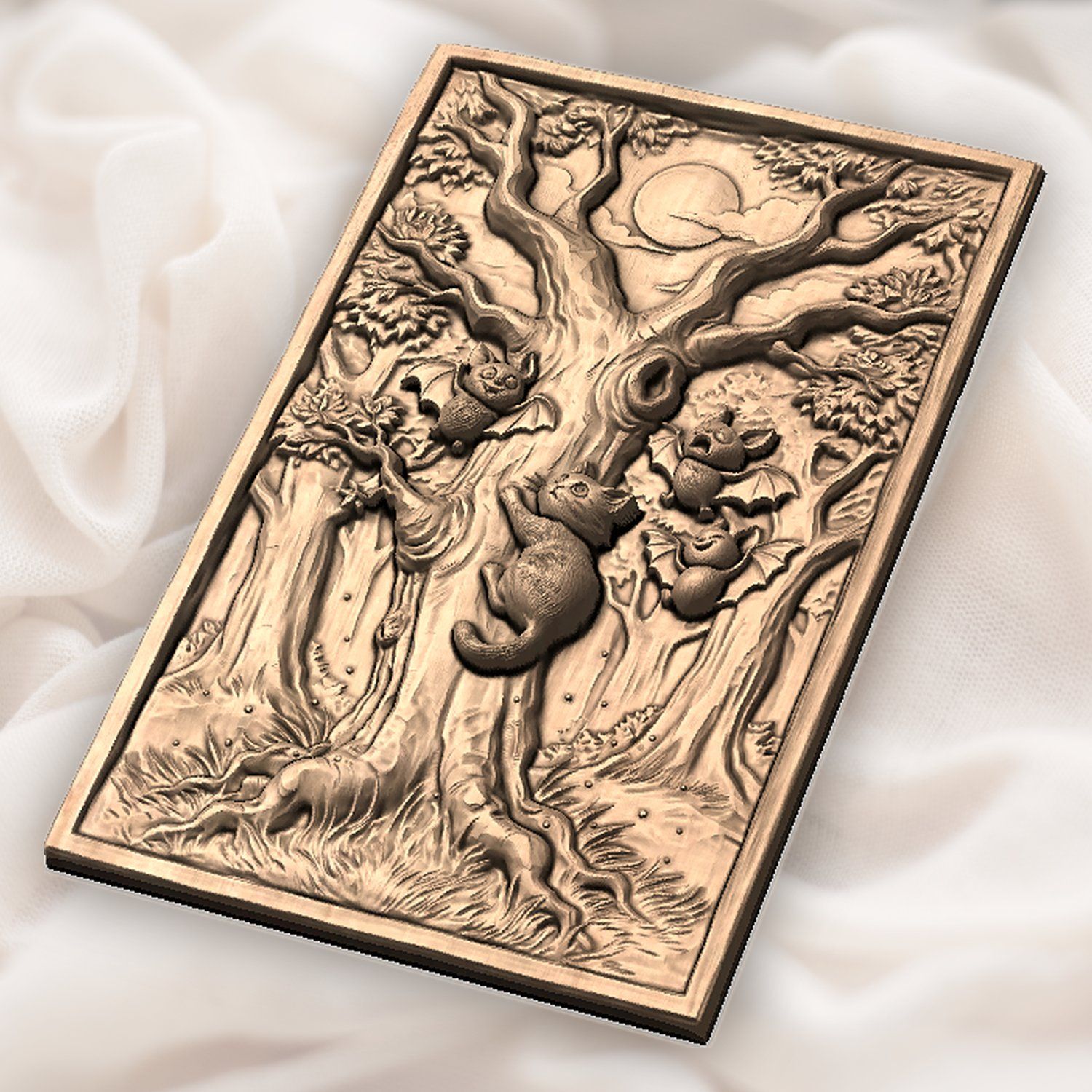 Whimsical Kitten and Bats Forest Moon CNC Relief STL bas-relief STL — view 6