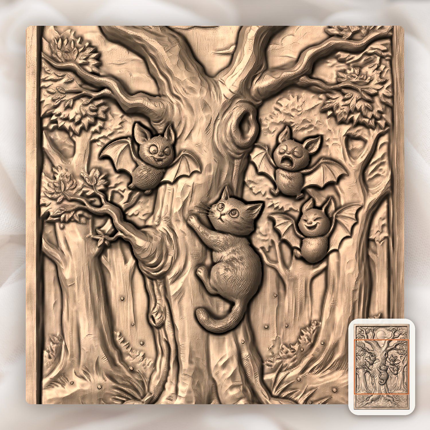 Whimsical Kitten and Bats Forest Moon CNC Relief STL bas-relief STL — view 7