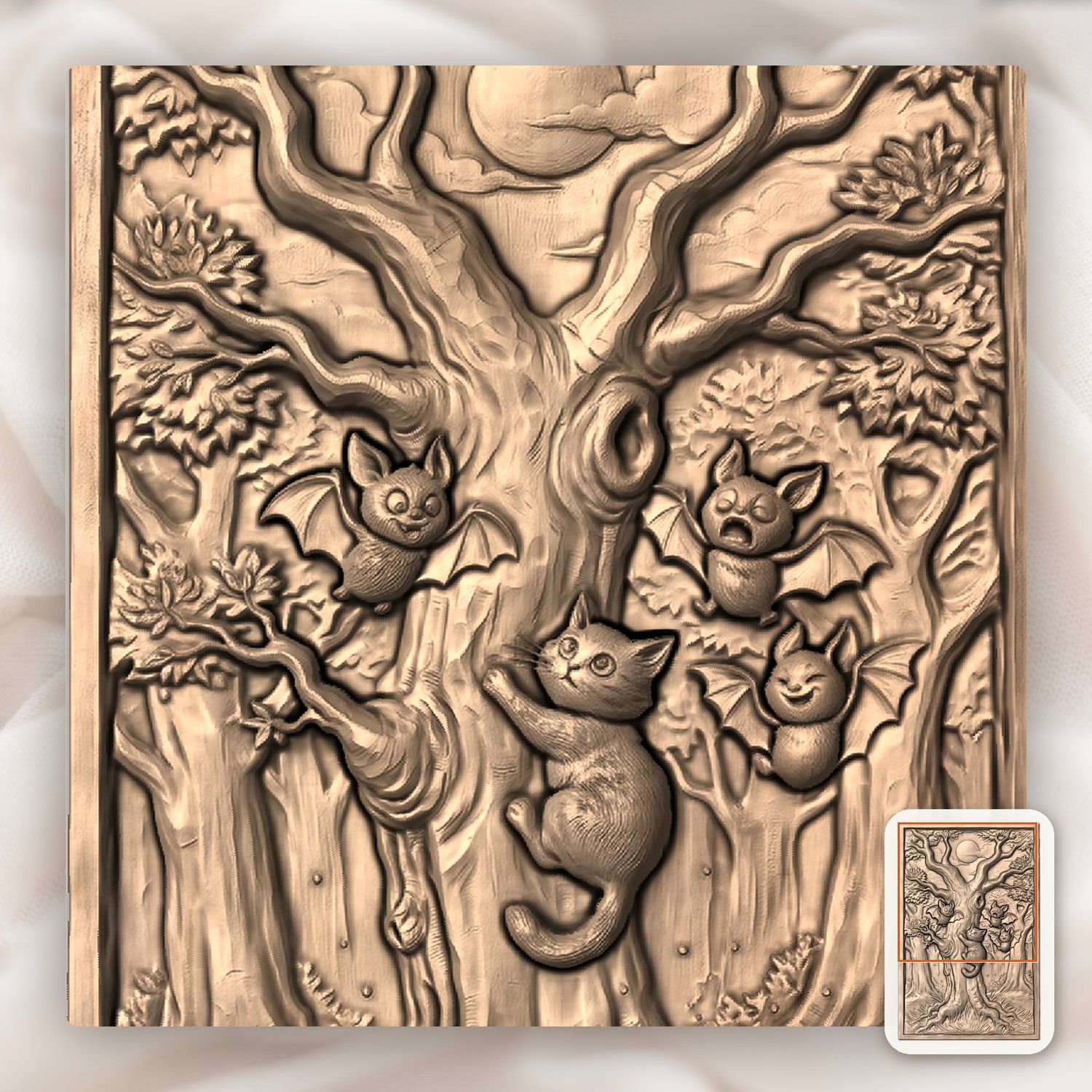 Whimsical Kitten and Bats Forest Moon CNC Relief STL bas-relief STL — view 8