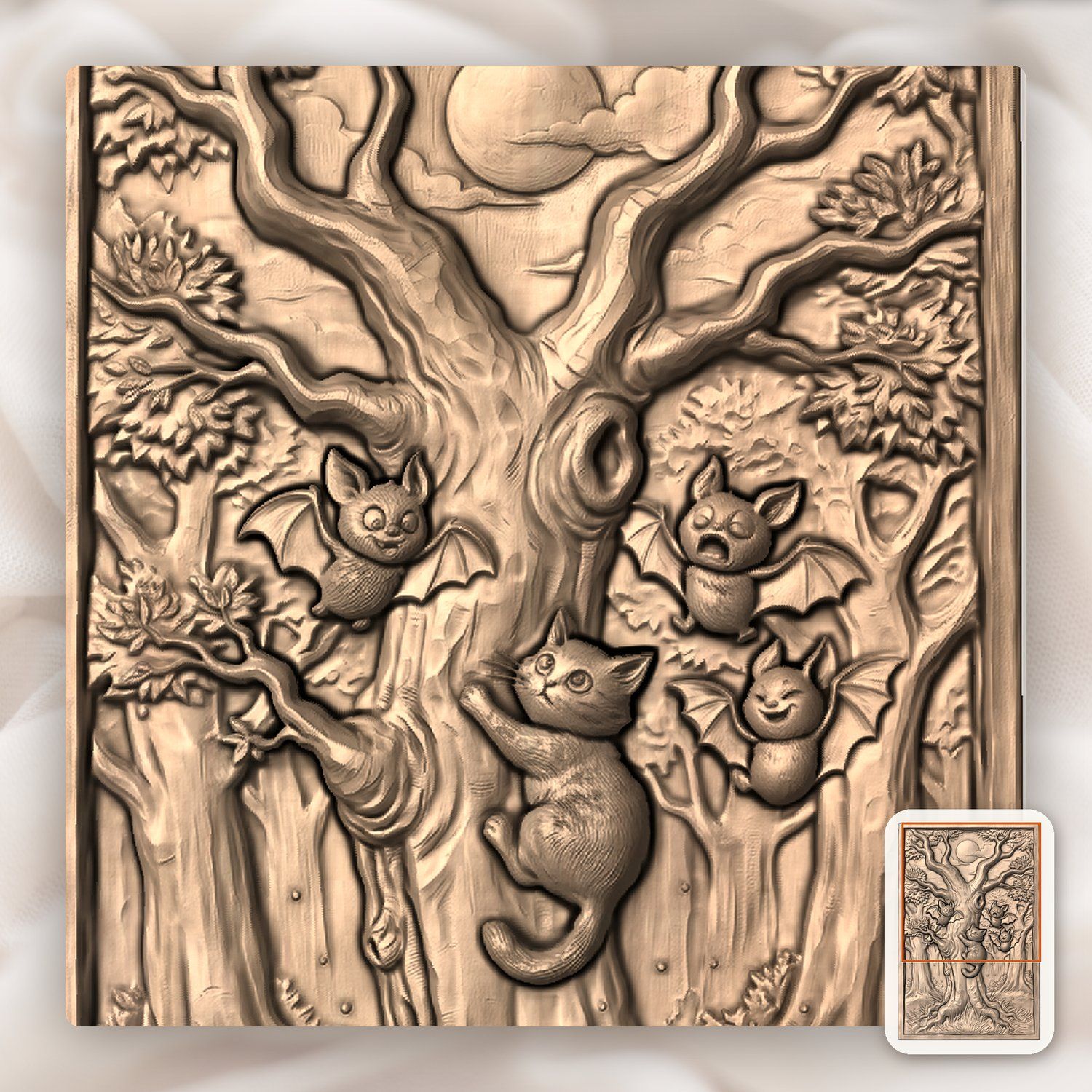 Whimsical Kitten and Bats Forest Moon CNC Relief STL bas-relief STL — view 9