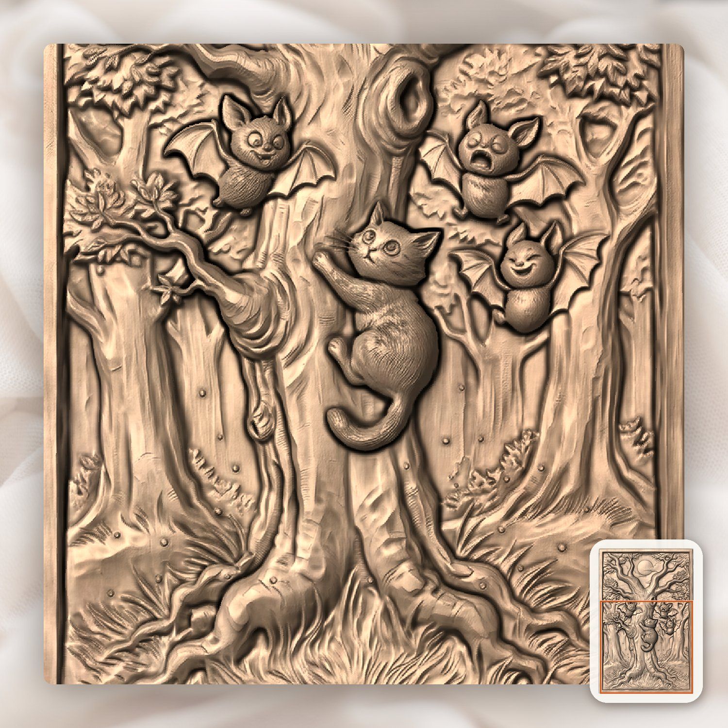 Whimsical Kitten and Bats Forest Moon CNC Relief STL bas-relief STL — view 10