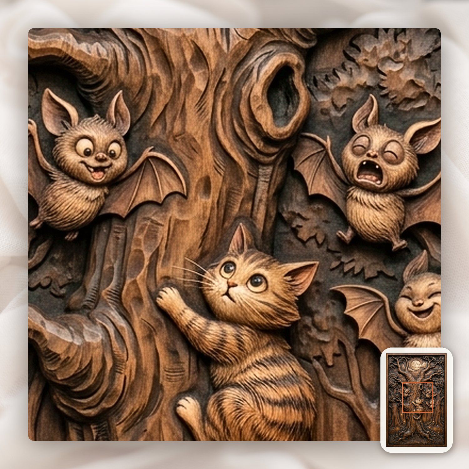 Whimsical Kitten and Bats Forest Moon CNC Relief STL bas-relief STL — view 11