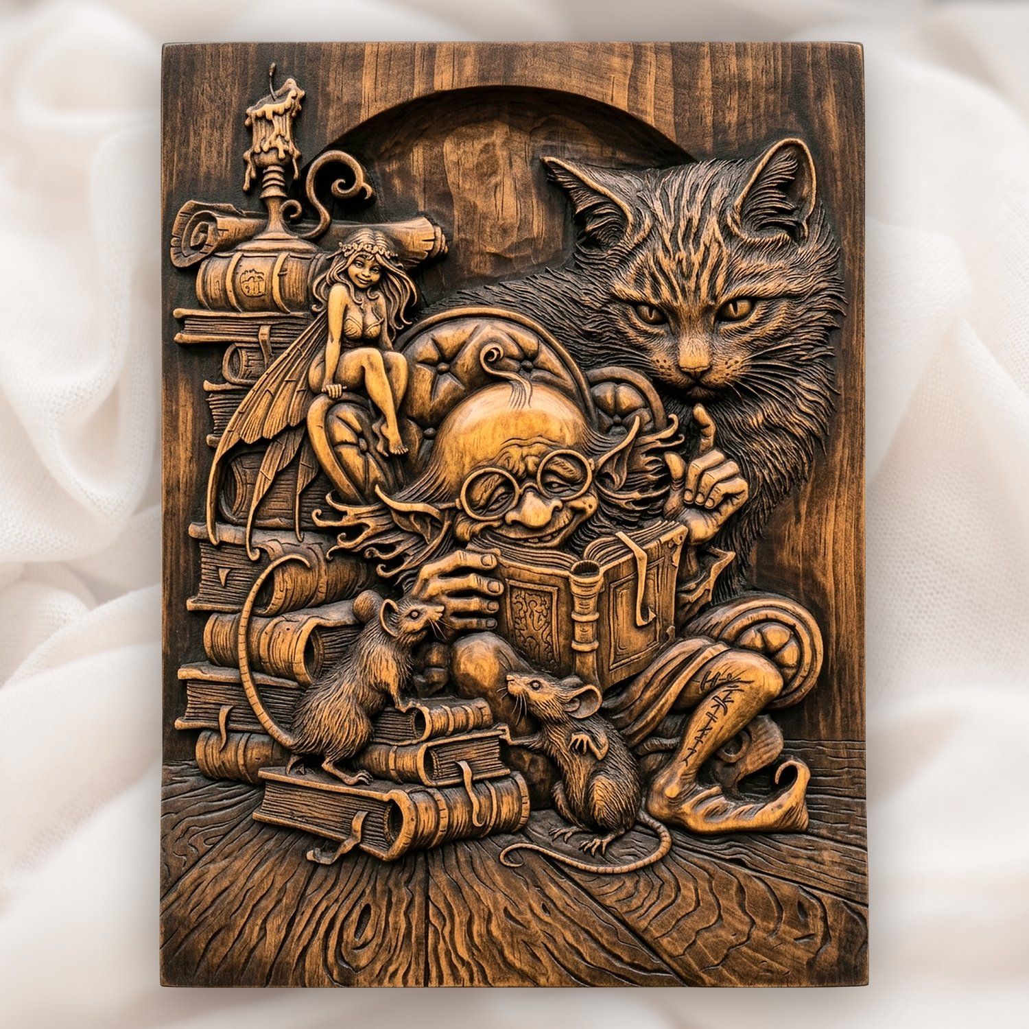 Whimsical Library Wizard and Cat CNC Relief STL bas-relief STL design