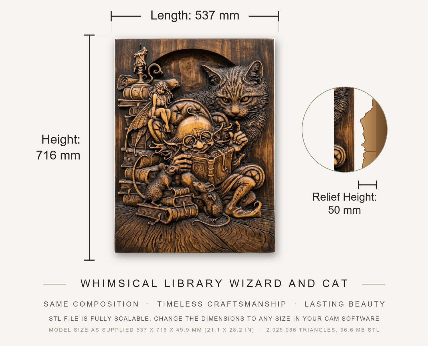 Whimsical Library Wizard and Cat CNC Relief STL bas-relief STL — view 3