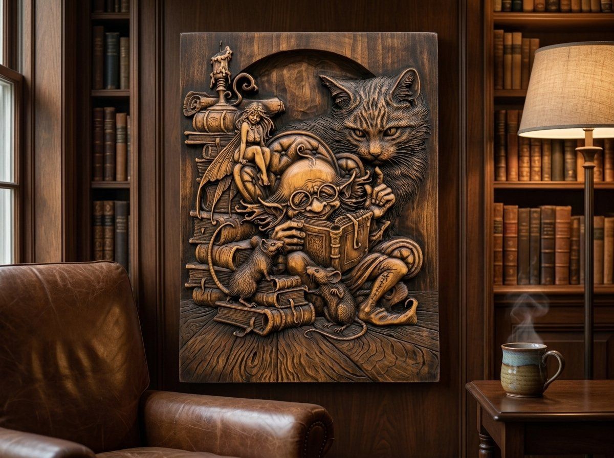 Whimsical Library Wizard and Cat CNC Relief STL bas-relief STL — view 12