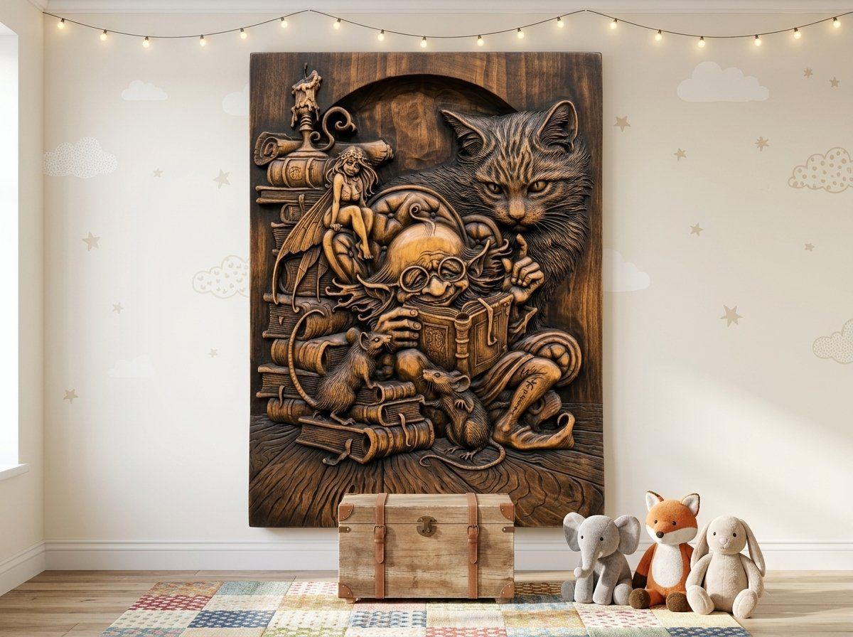 Whimsical Library Wizard and Cat CNC Relief STL bas-relief STL — view 13