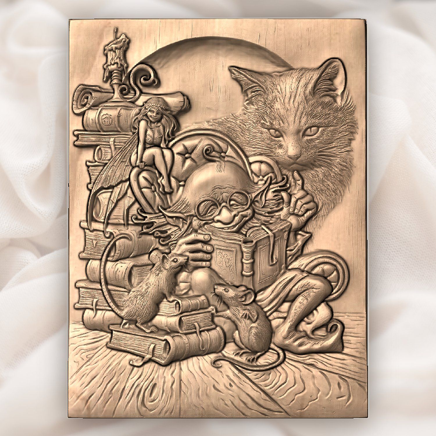 Whimsical Library Wizard and Cat CNC Relief STL bas-relief STL — view 4