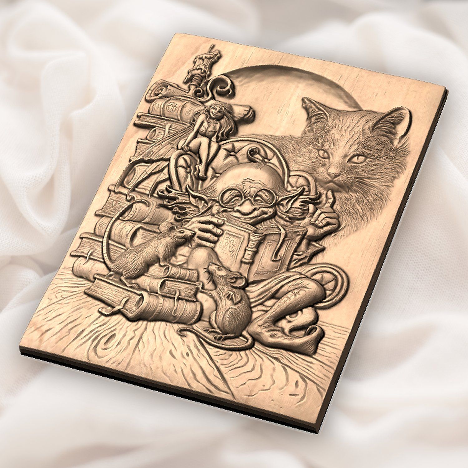 Whimsical Library Wizard and Cat CNC Relief STL bas-relief STL — view 5