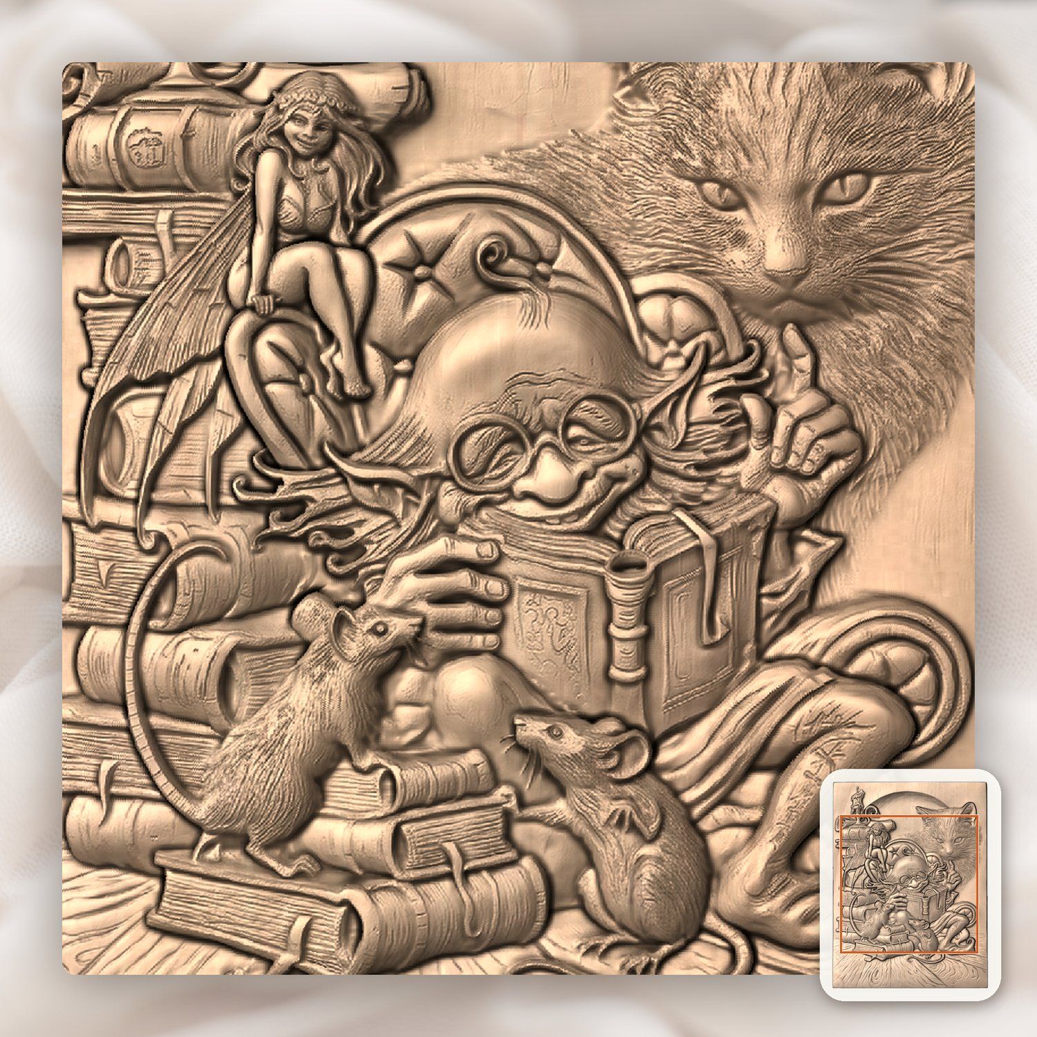 Whimsical Library Wizard and Cat CNC Relief STL bas-relief STL — view 6