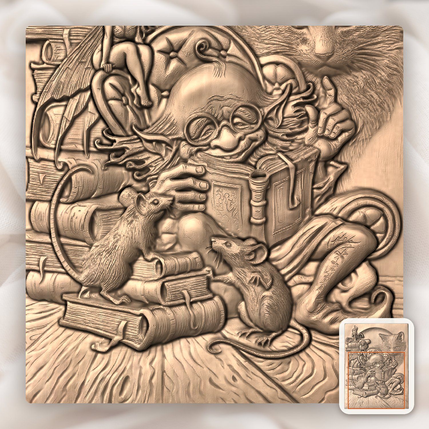Whimsical Library Wizard and Cat CNC Relief STL bas-relief STL — view 7