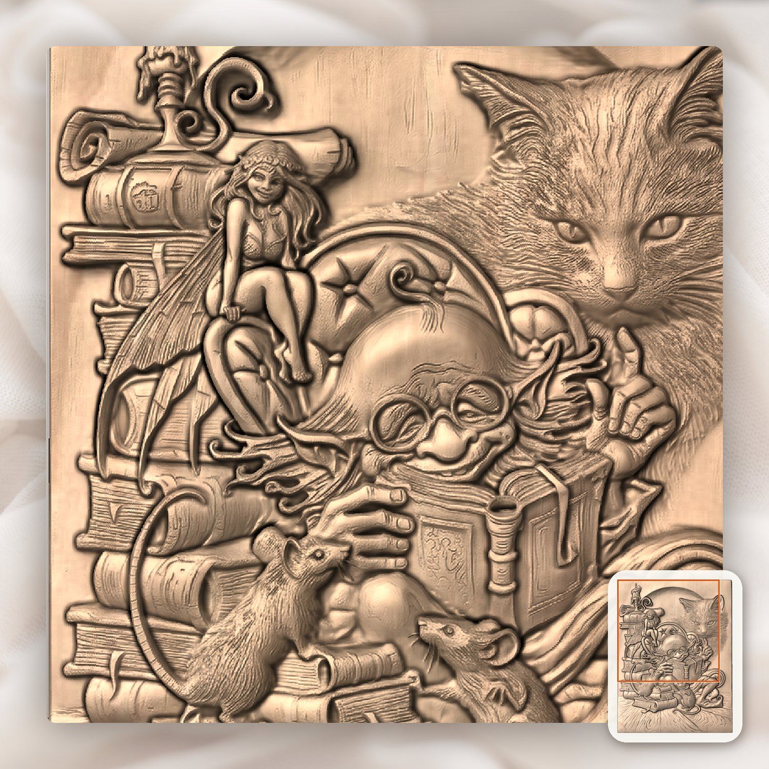 Whimsical Library Wizard and Cat CNC Relief STL bas-relief STL — view 8