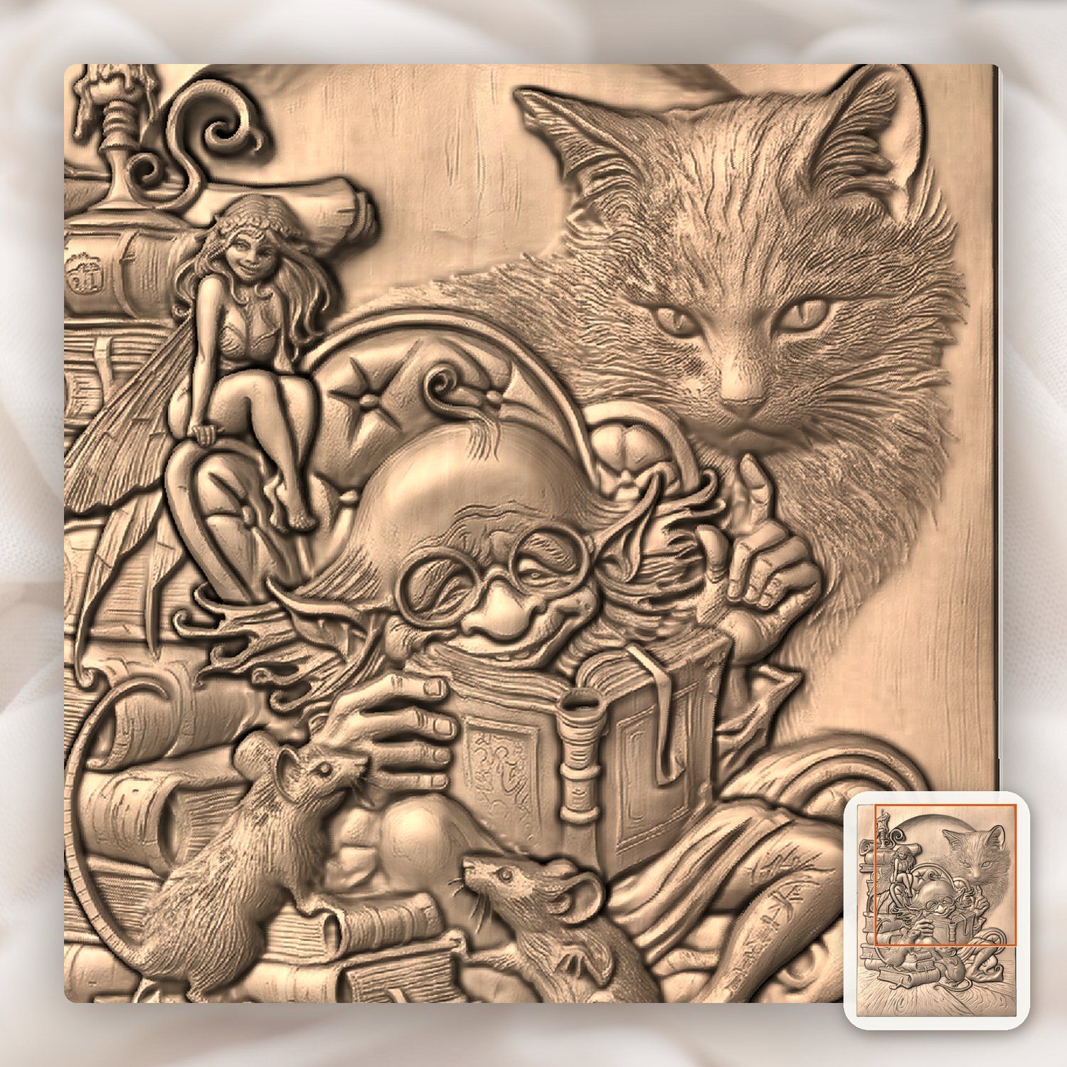 Whimsical Library Wizard and Cat CNC Relief STL bas-relief STL — view 9
