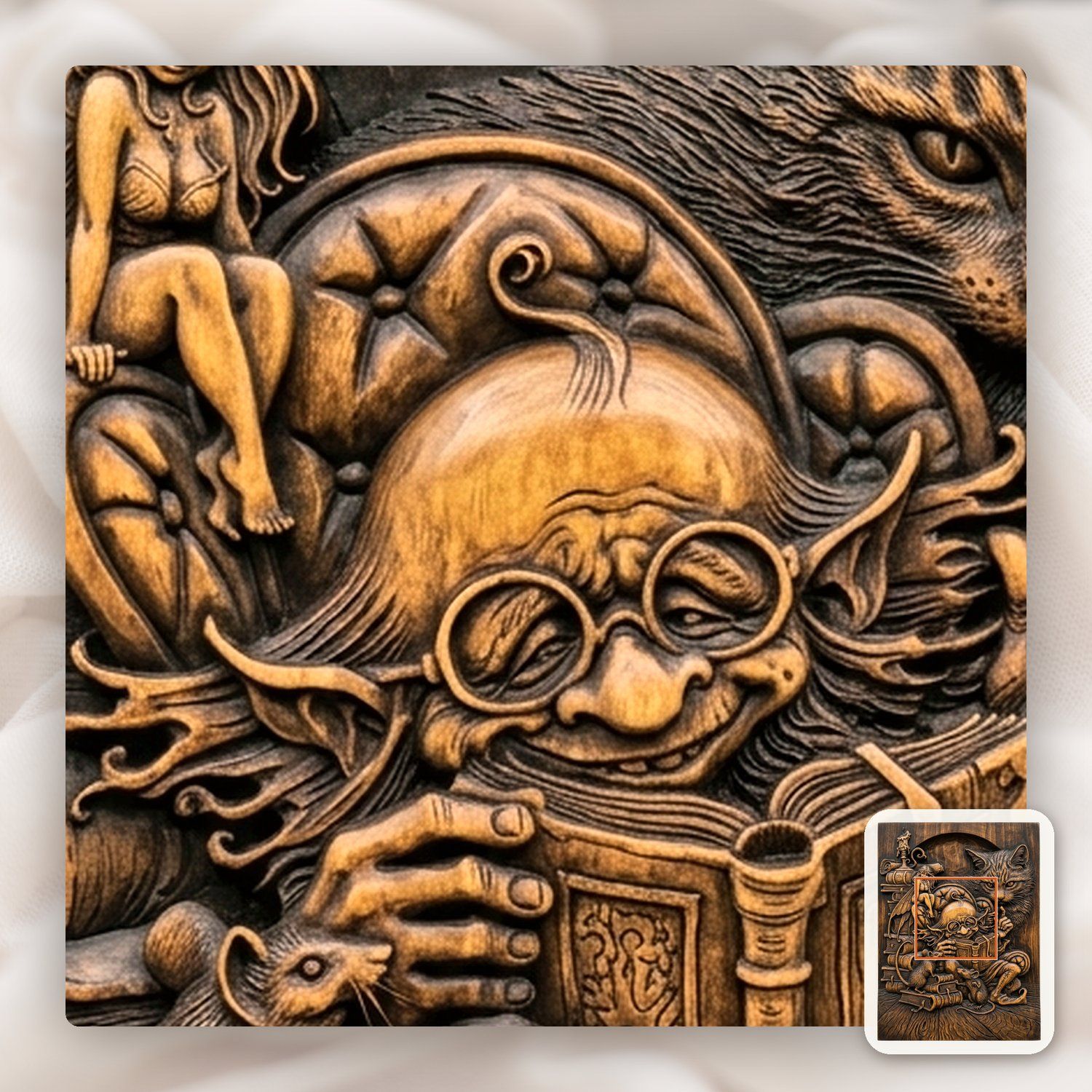 Whimsical Library Wizard and Cat CNC Relief STL bas-relief STL — view 10
