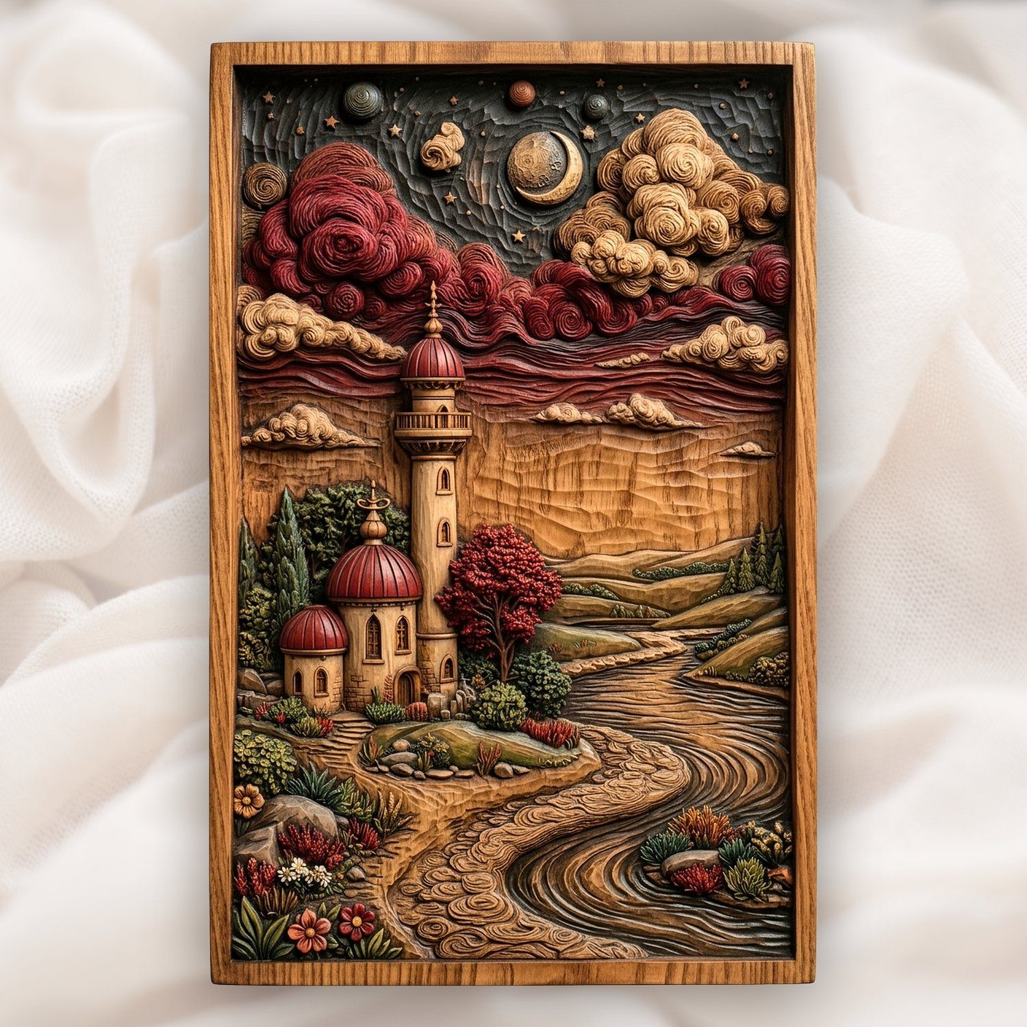 Whimsical Lighthouse Night River Scene CNC Relief STL | Celestial Wood Carving Design | Fantasy Landscape Wall Art Panel — carved bas relief STL file for CNC