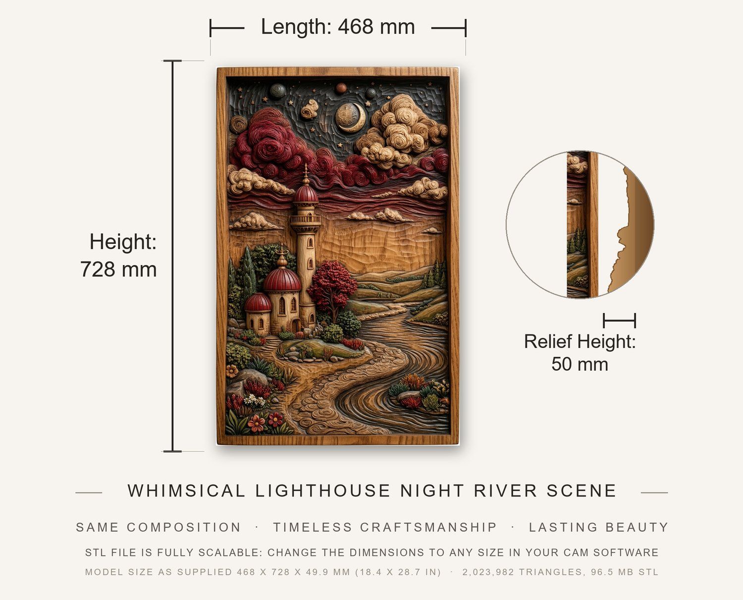 Whimsical Lighthouse Night River Scene CNC Relief STL bas-relief STL — view 3