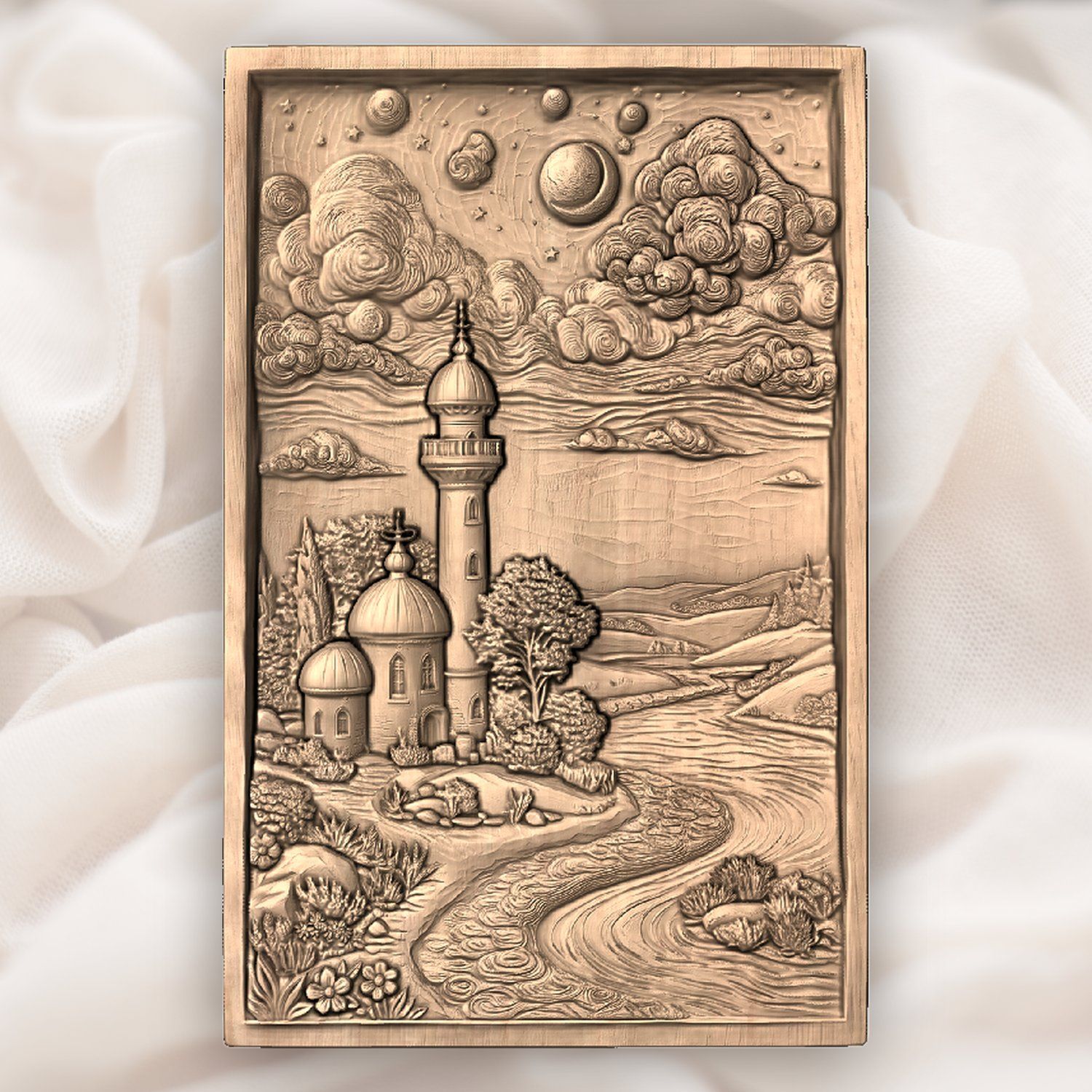 Whimsical Lighthouse Night River Scene CNC Relief STL bas-relief STL — view 4