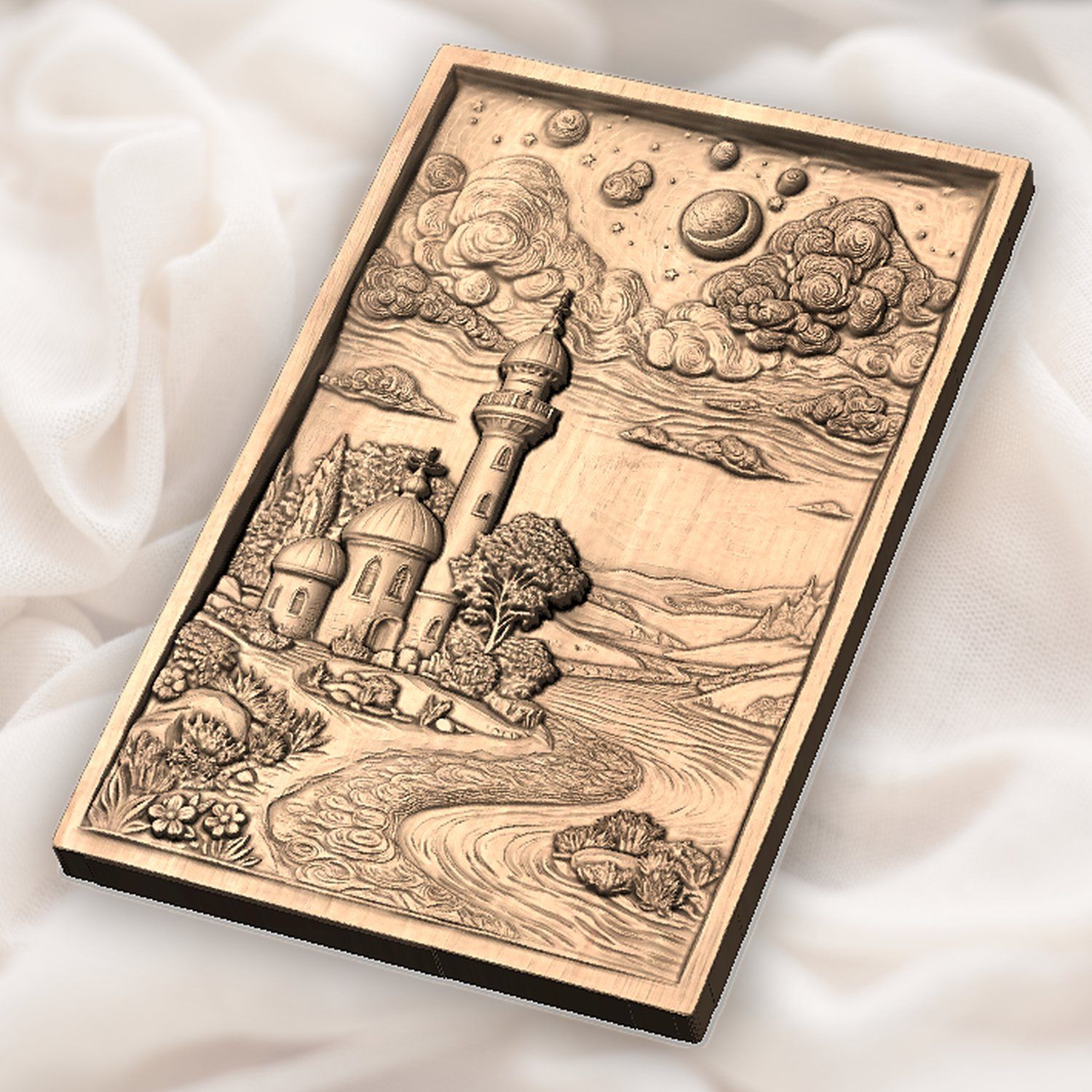 Whimsical Lighthouse Night River Scene CNC Relief STL bas-relief STL — view 5