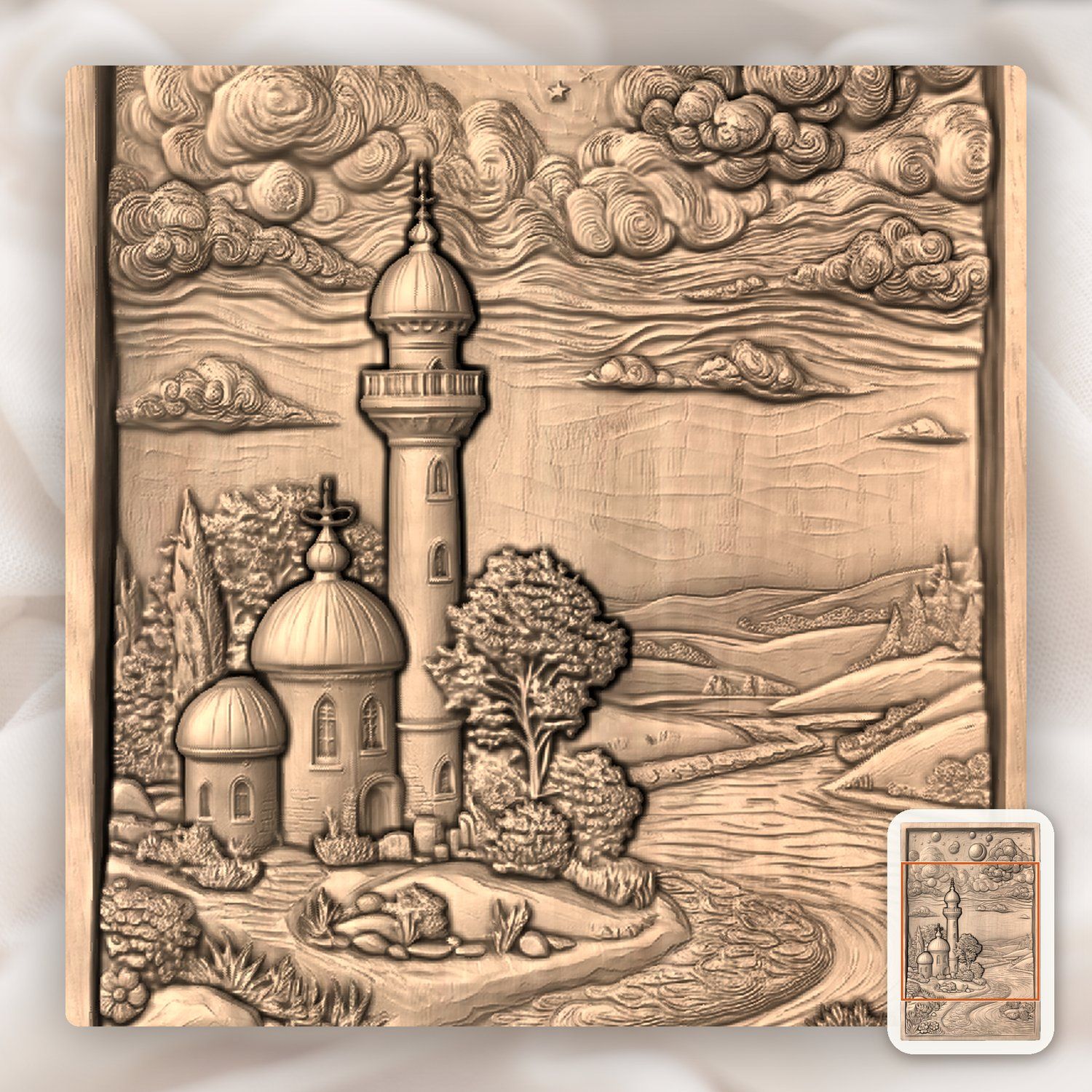 Whimsical Lighthouse Night River Scene CNC Relief STL bas-relief STL — view 6