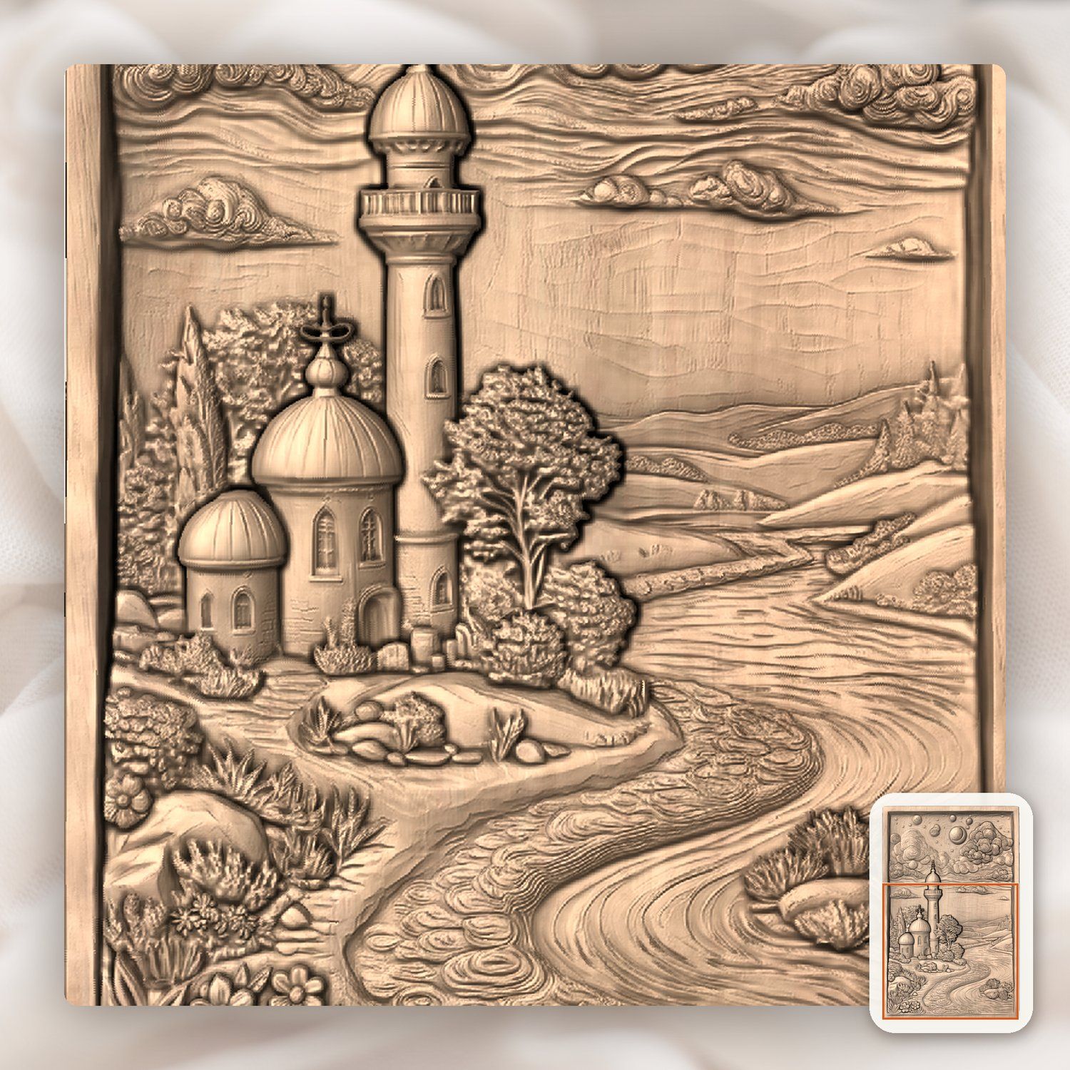 Whimsical Lighthouse Night River Scene CNC Relief STL bas-relief STL — view 7