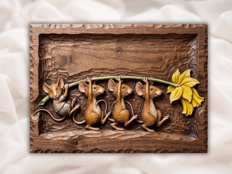 Carved wood bas-relief of four mice carrying a yellow daffodil flower inside a rustic frame