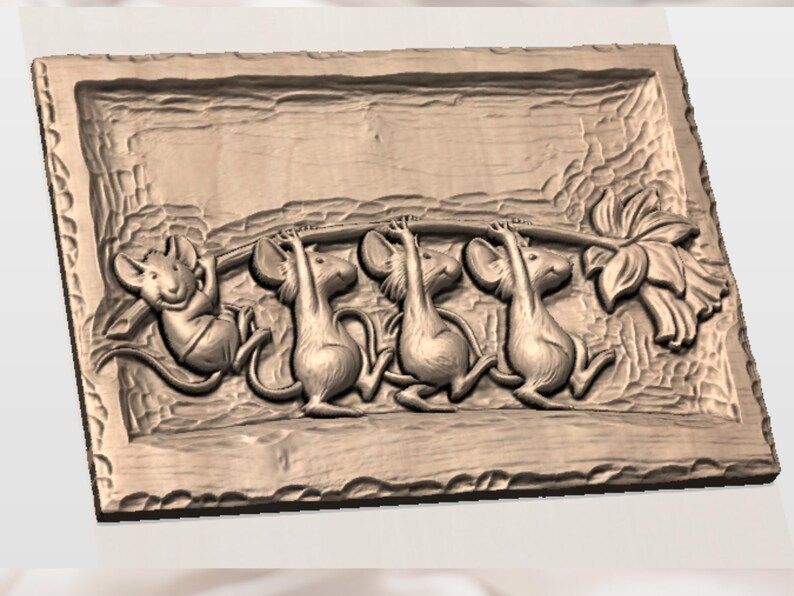 Four Mice Carrying a Daffodil Bas-Relief STL Carving bas-relief STL — view 2