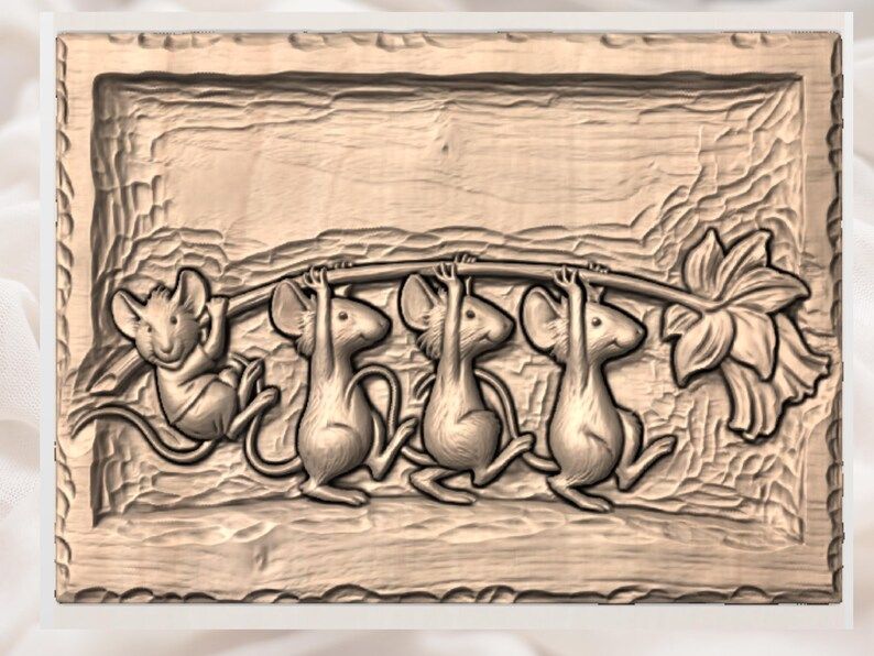 Four Mice Carrying a Daffodil Bas-Relief STL Carving bas-relief STL — view 3