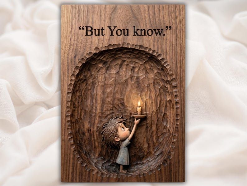 Bas-relief carving of a barefoot child lifting a lit candle in a deep oval recess with the words But You know above.