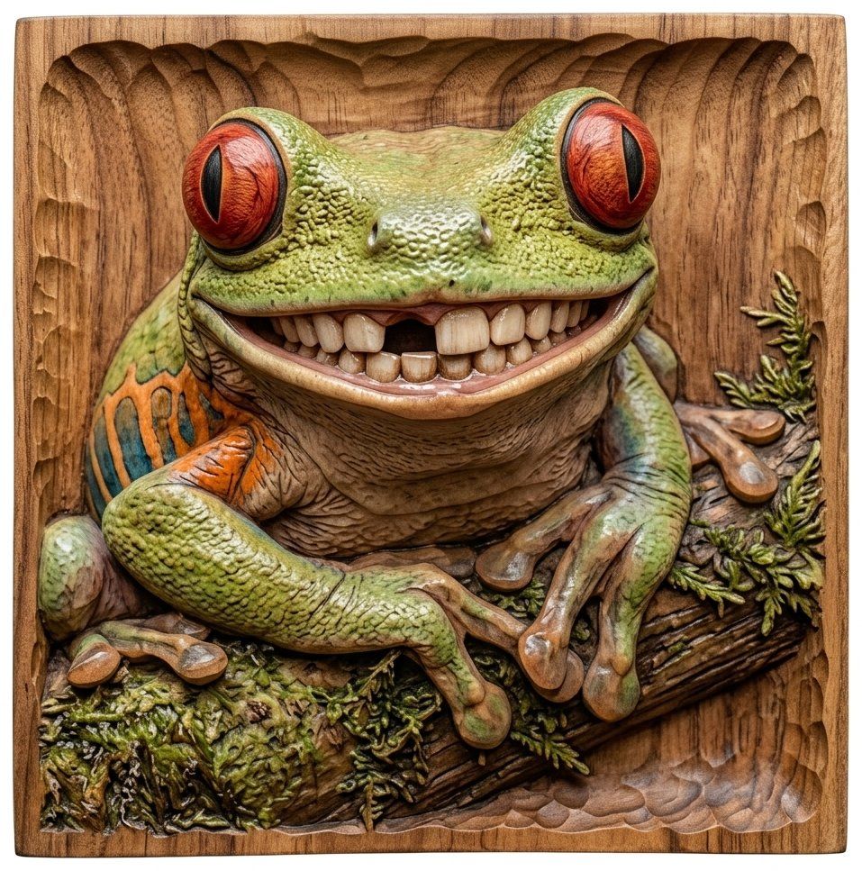 Whimsical Toothy Tree Frog CNC Relief STL | Funny Wildlife Wall Art Panel | Rustic Animal Wood Carving Design | Jungle Home Decor — carved bas relief STL file for CNC