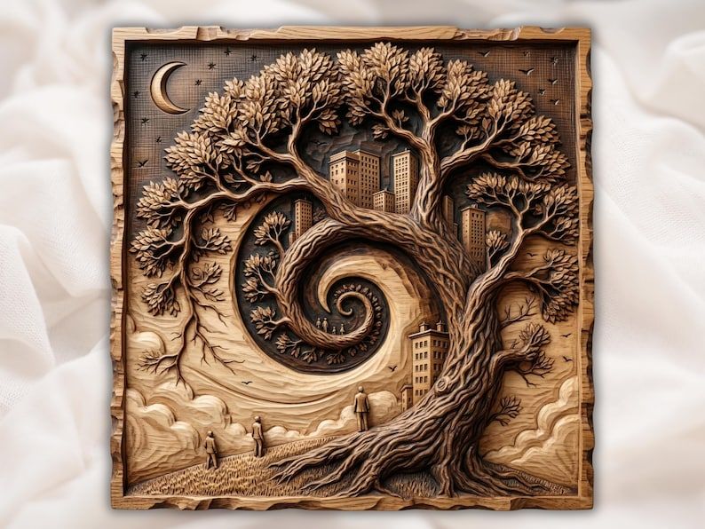 Bas-relief carving of a spiral tree blending into a moonlit city skyline with tiny figures and birds