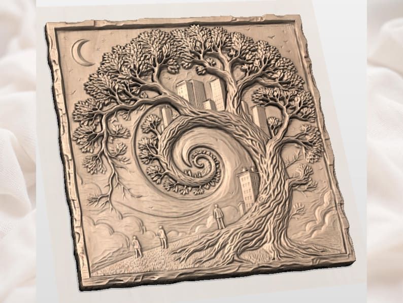 Spiral Tree of Life Meets Moonlit City 3D Relief STL bas-relief STL — view 2