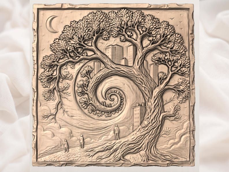 Spiral Tree of Life Meets Moonlit City 3D Relief STL bas-relief STL — view 3