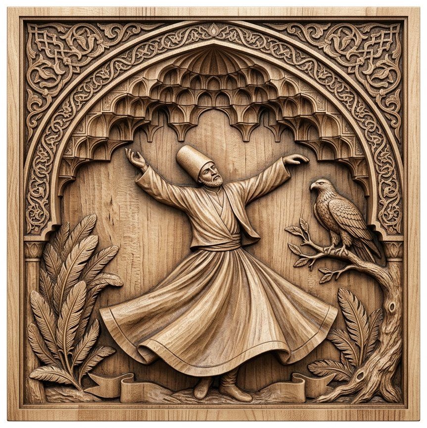 Whirling Dervish Sufi Art CNC Relief STL | Islamic Wall Art Panel | Spiritual Wood Carving Design | Rumi Home Decor — carved bas relief STL file for CNC