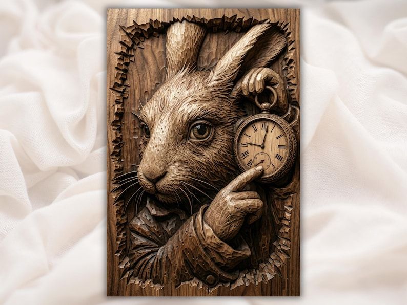 Bas-relief wood carving of a white rabbit holding a pocket watch, leaning out of a cracked wooden frame.