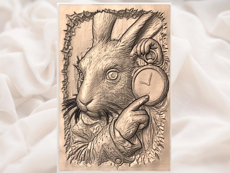 White Rabbit with Pocket Watch Bas-Relief STL Carving bas-relief STL — view 2