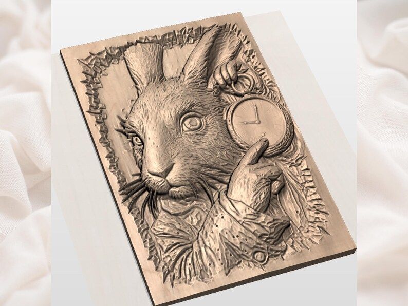 White Rabbit with Pocket Watch Bas-Relief STL Carving bas-relief STL — view 3