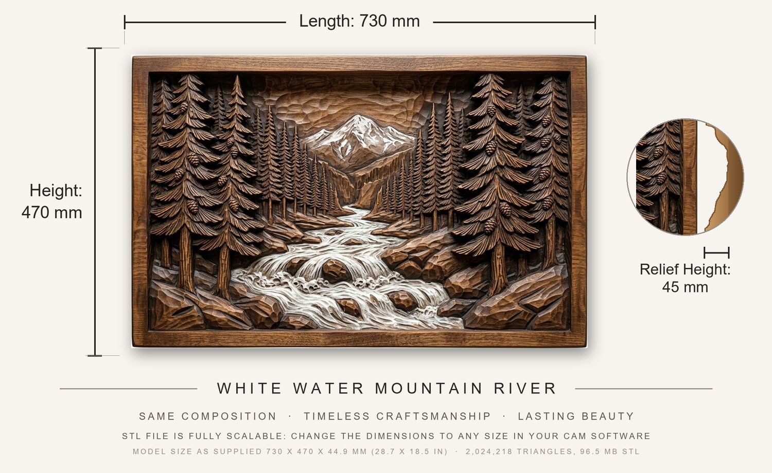 White Water Mountain River CNC Relief STL bas-relief STL — view 3