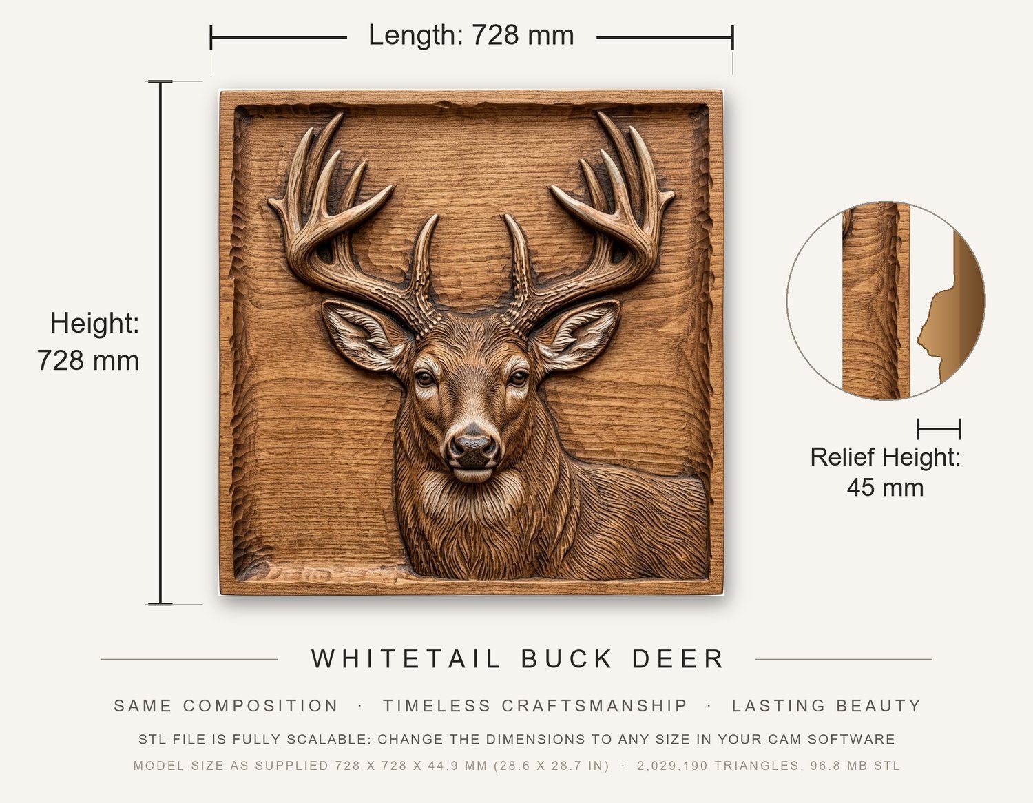 Whitetail Buck Deer CNC Relief STL bas-relief STL — view 3